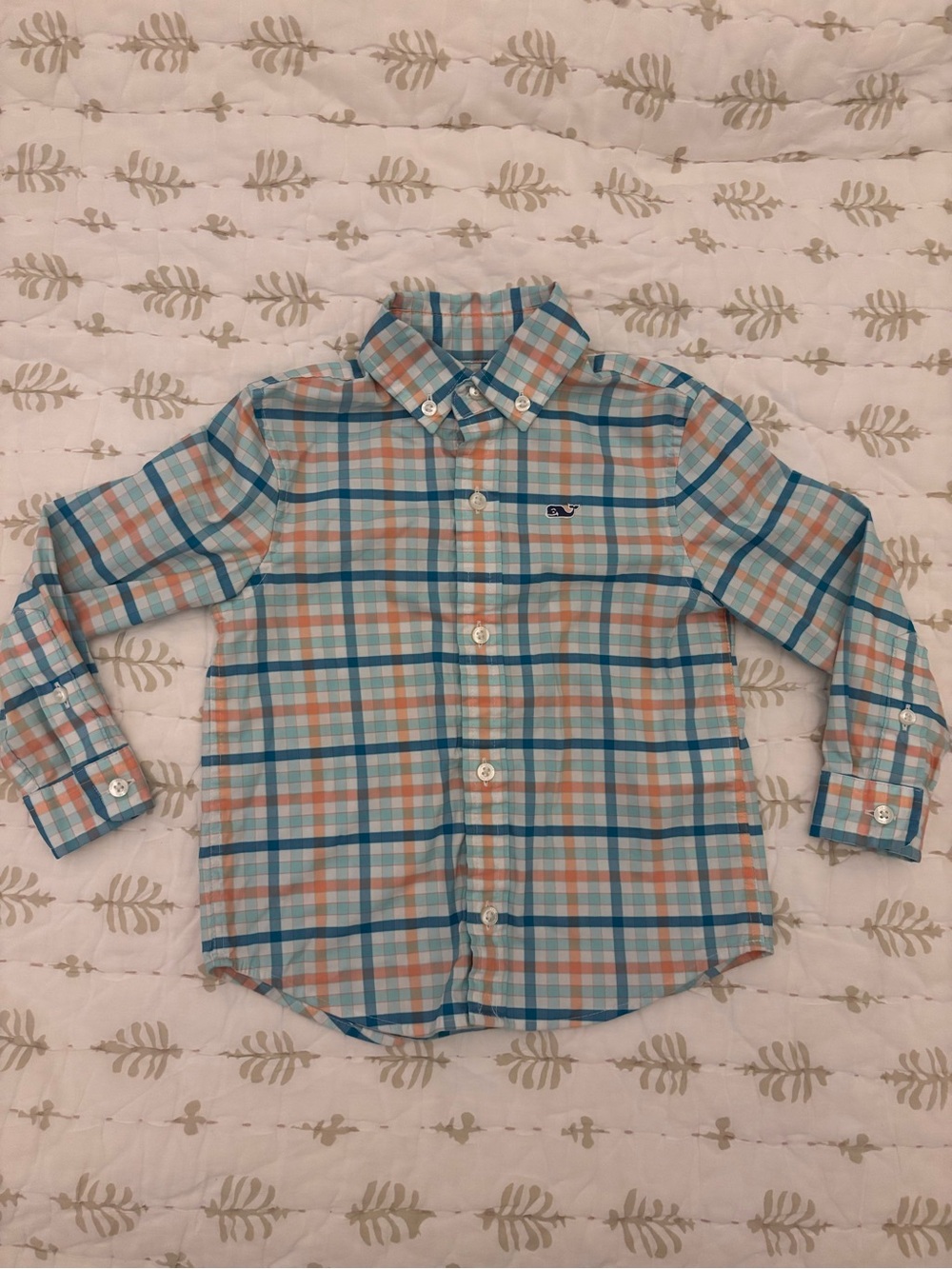 Vineyard Vines Boys Blue & Orange Plaid Button-Down Shirt- performance material